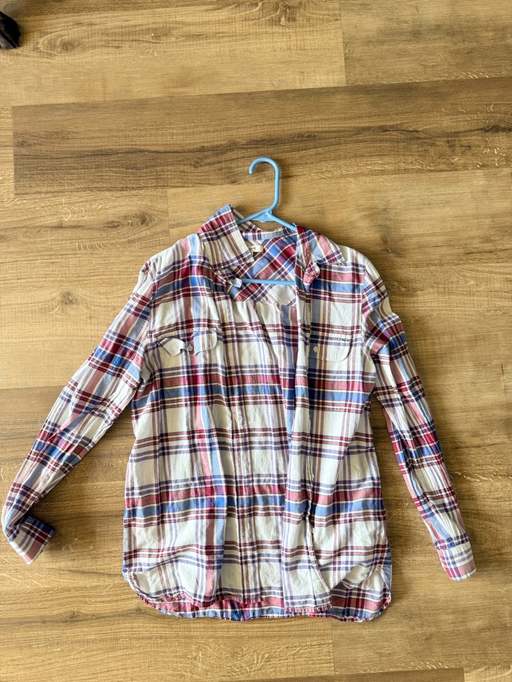 Plaid Button-Up Shirt in White, Red & Blue